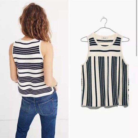 Madewell Stripe Play Crop Knit Sweater Tank Top XXS White Navy Retro 70s Boho - Picture 3 of 8
